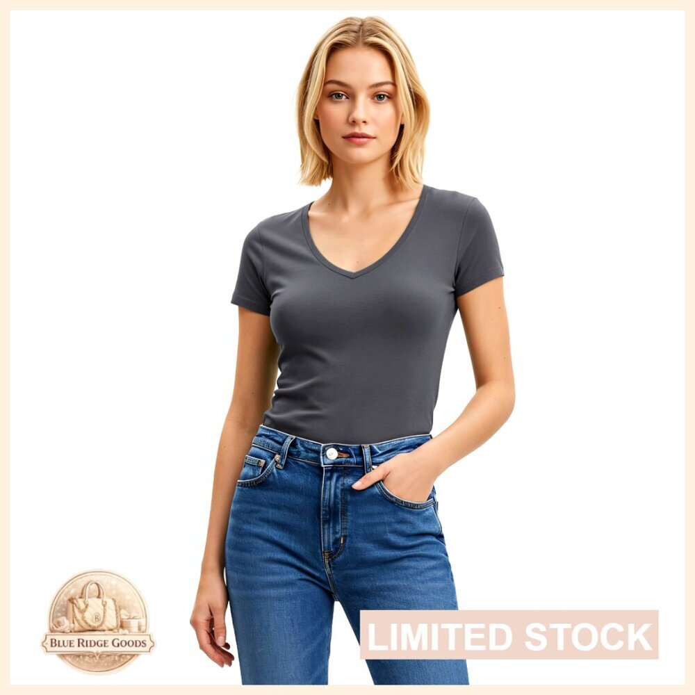 V-Neck Tee Short Sleeve Slim Fit Cotton Blend Essential Casual Summer Top